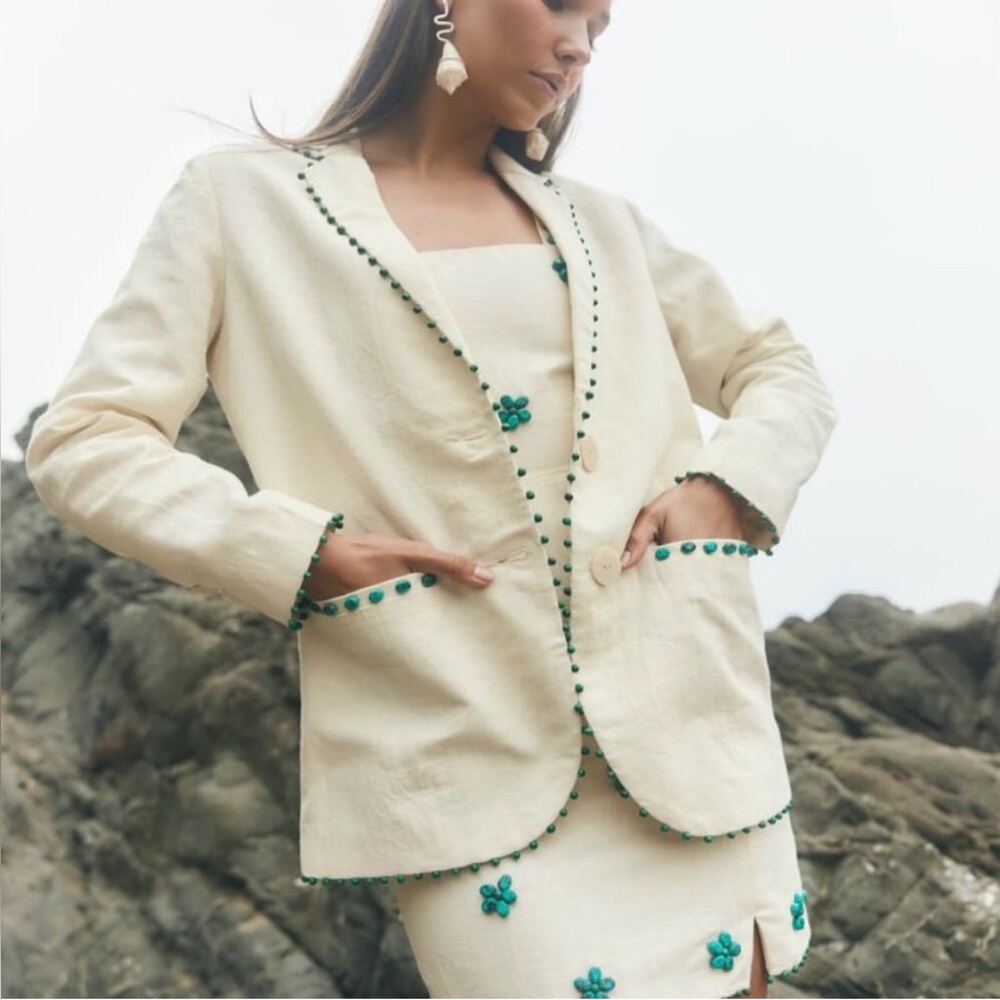 NWT EDDY LARGE Amber ivory oversized blazer jacket with turquoise stones